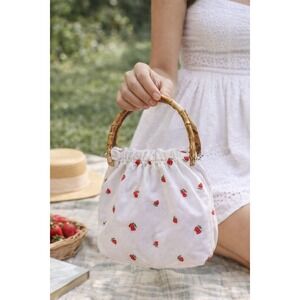 Strawberry Print Mini Bag Bamboo Handle Cottagecore Y2K Coquette‎ Purse